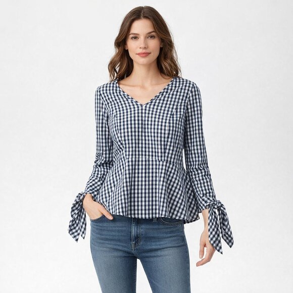 J. Crew Tops - J. Crew Universal Standard Gingham Top Navy/White Tie Sleeve Size XS NWT